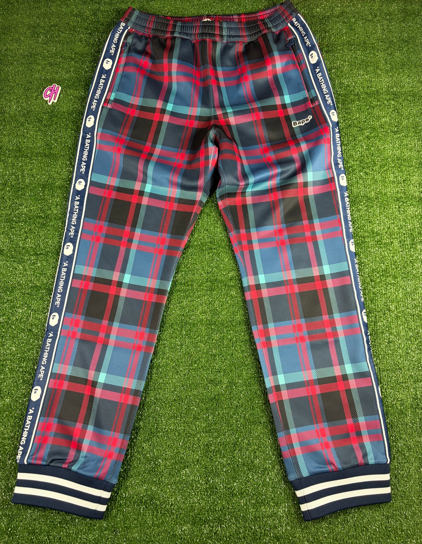 Bape Plaid Check Navy Jersey Track Pants Size XL