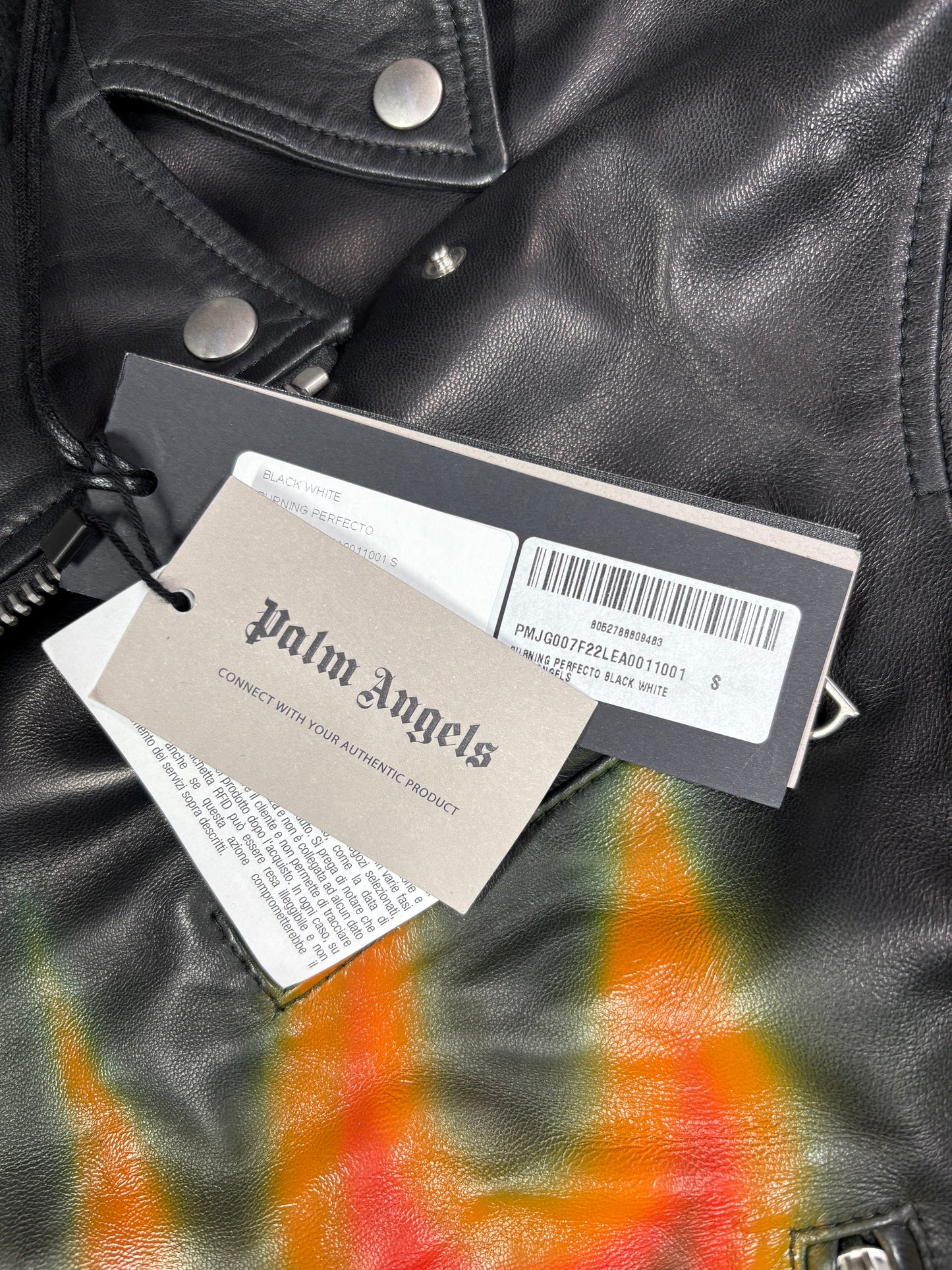 Palm Angels Burning Perfecto Logo Leather Jacket Size Small (MSRP:$3,590)