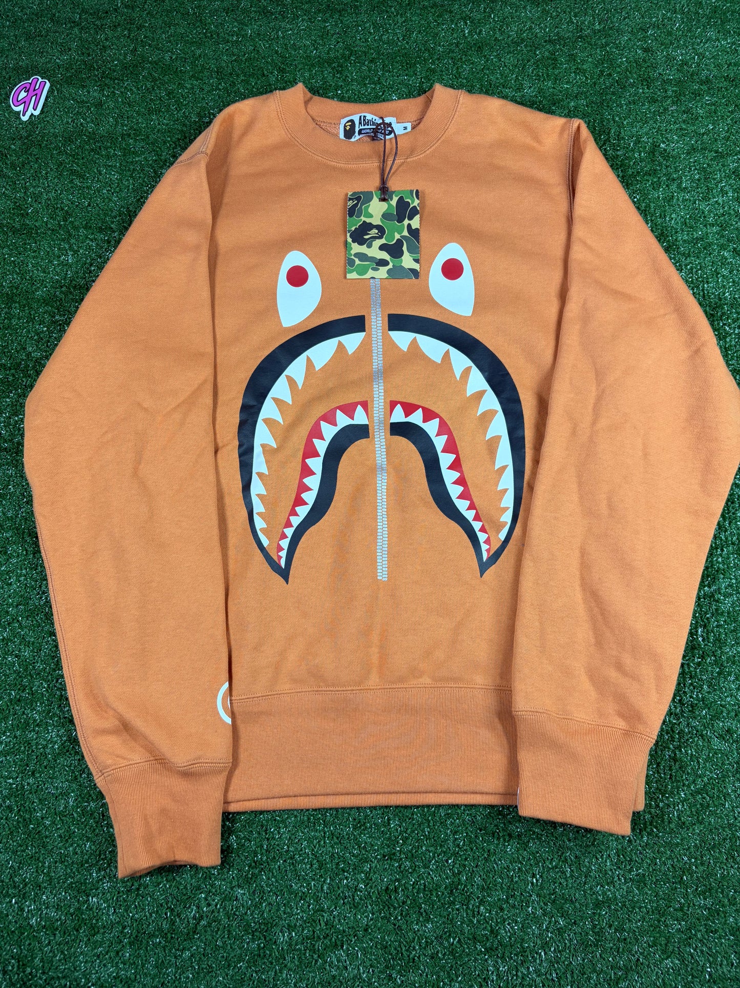 BAPE Embroidered Orange Shark Crewneck Sweater Large