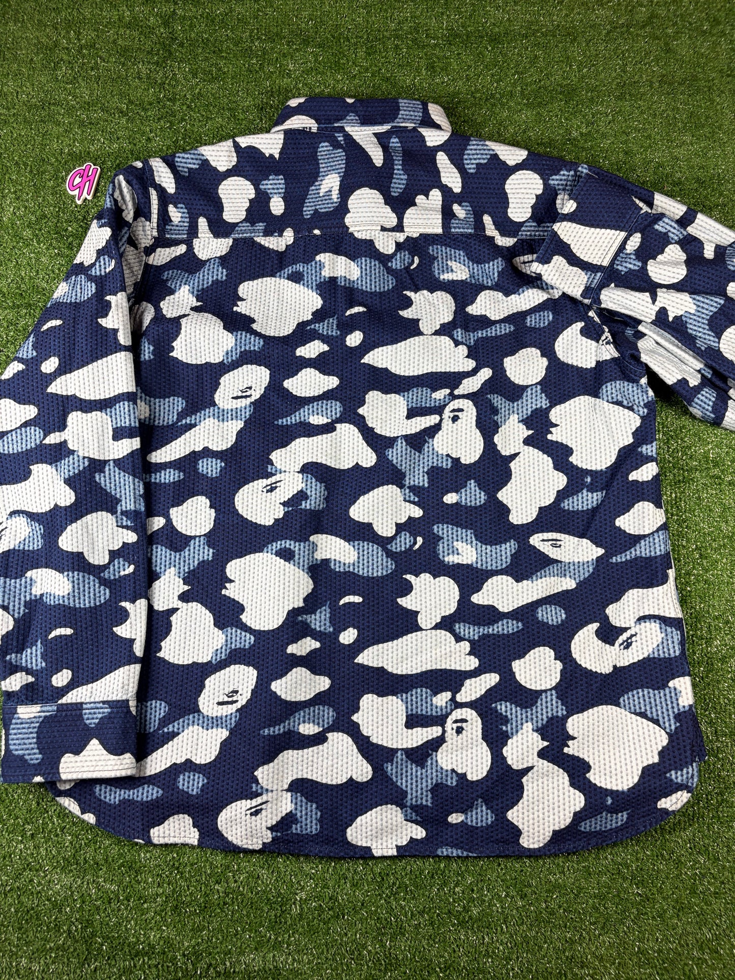 Bape Blue Waffle Thermal Camo Button-Up Shirt Size Large