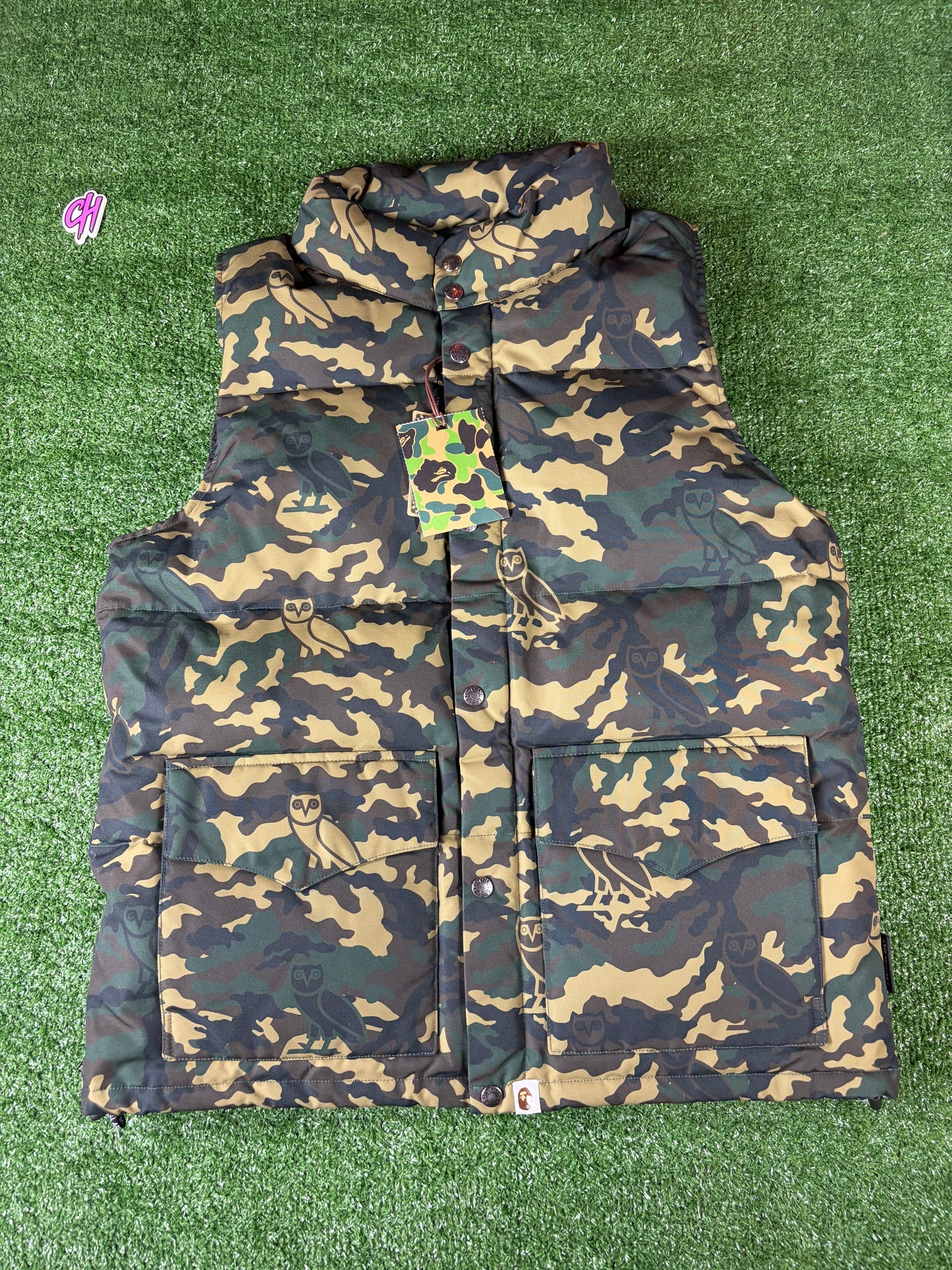 Bape X OVO Woodland Camo Green Down Vest Size XL