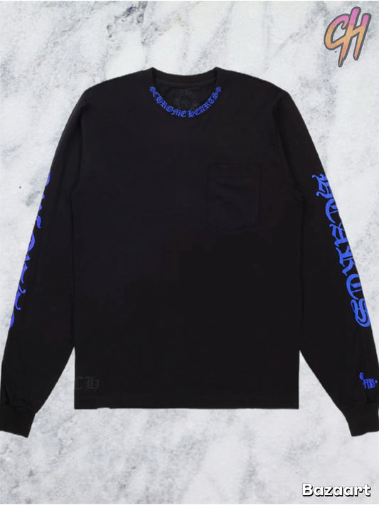 Chrome Hearts Blue Neck Logo Black L/S Shirt - Size Small Men's
