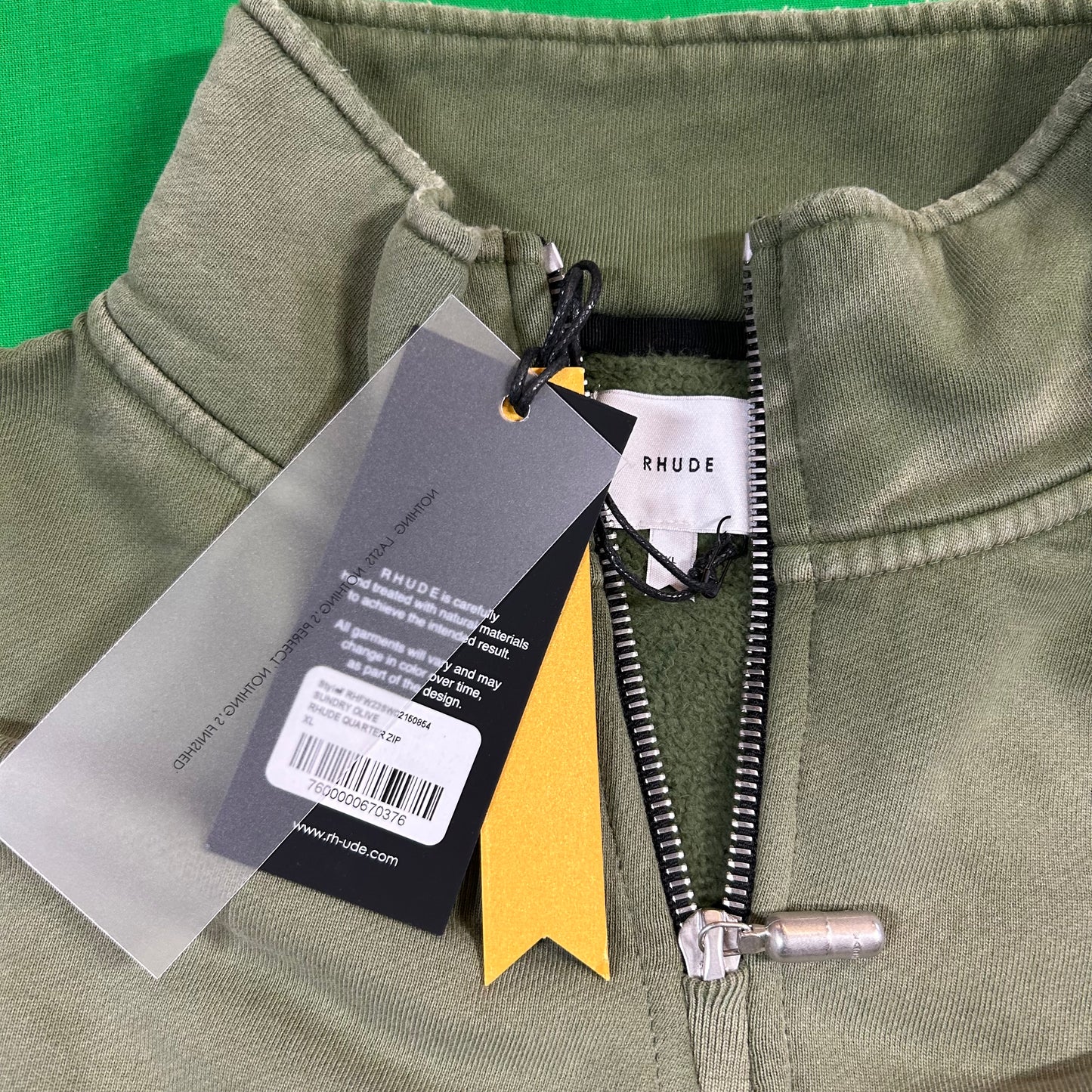 Rhude 'Sundry Olive' Quarter Zip Sweatshirt MSRP $750