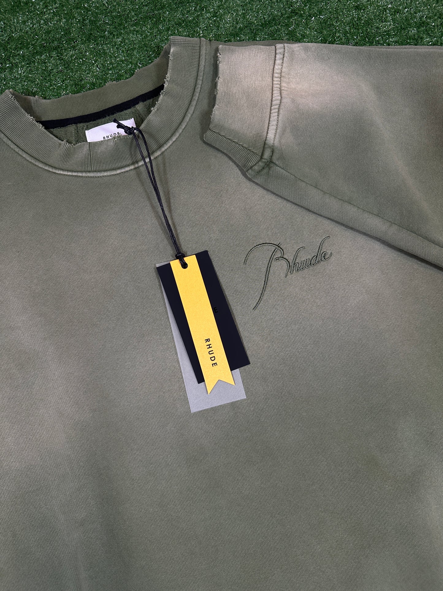 RHUDE Authentic Embroidered Crewneck Sweater-Sundry Olive-Size XL MSRP:$680.00