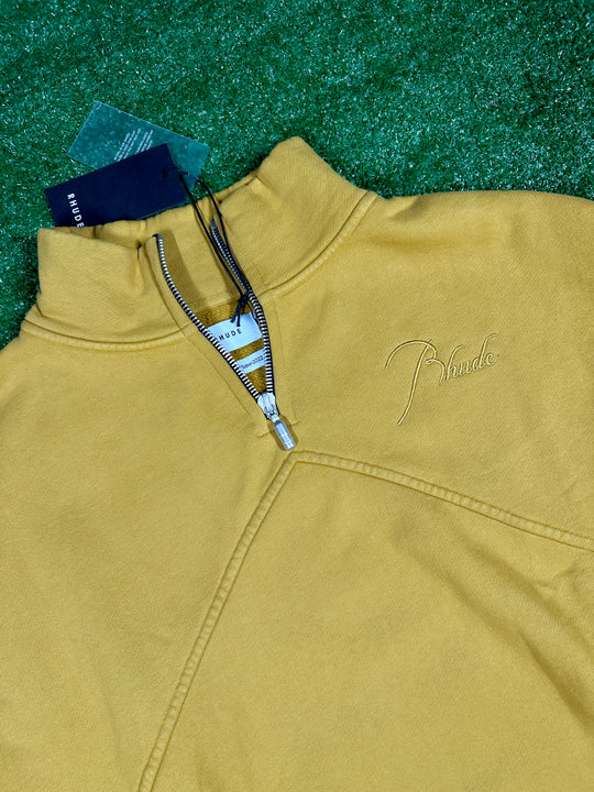 RHUDE Authentic Men's Mustard Heavyweight Embroidered Quarter Zip Sweatshirt LG - MSRP: $750