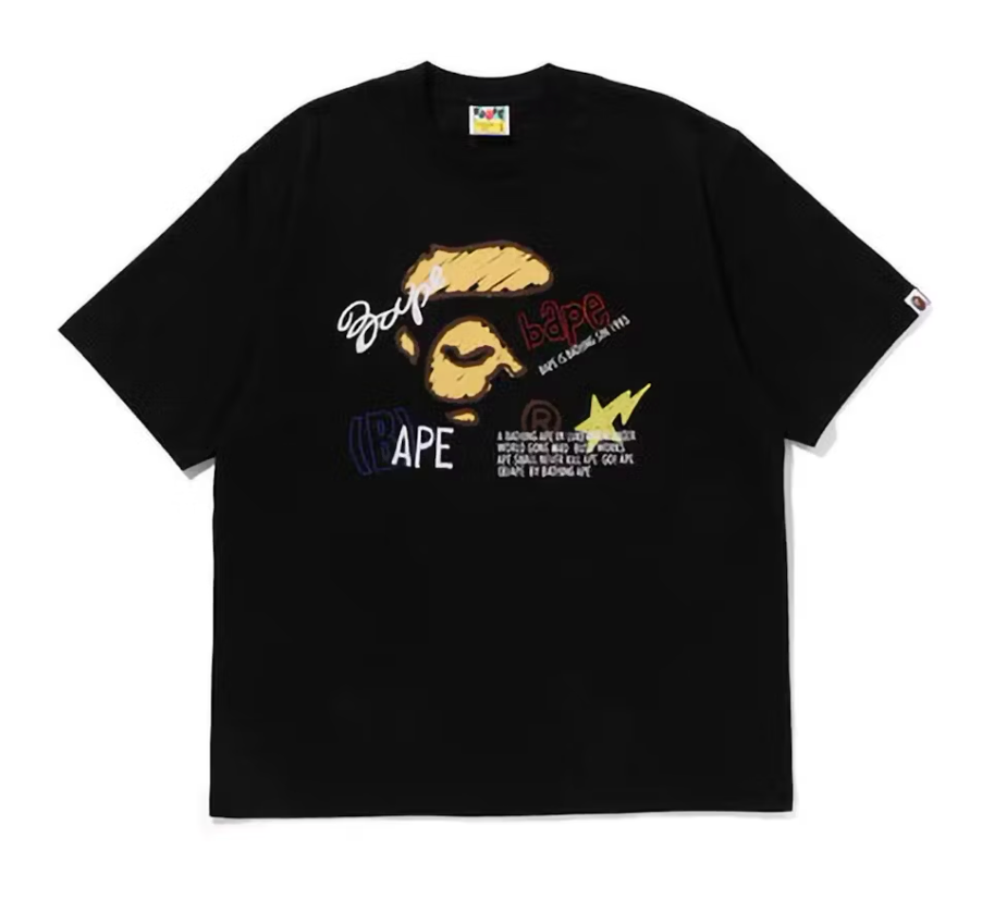 A Bathing Ape BAPE Hand Draw Graphic Relaxed Fit Tee Black Size Medium Mens