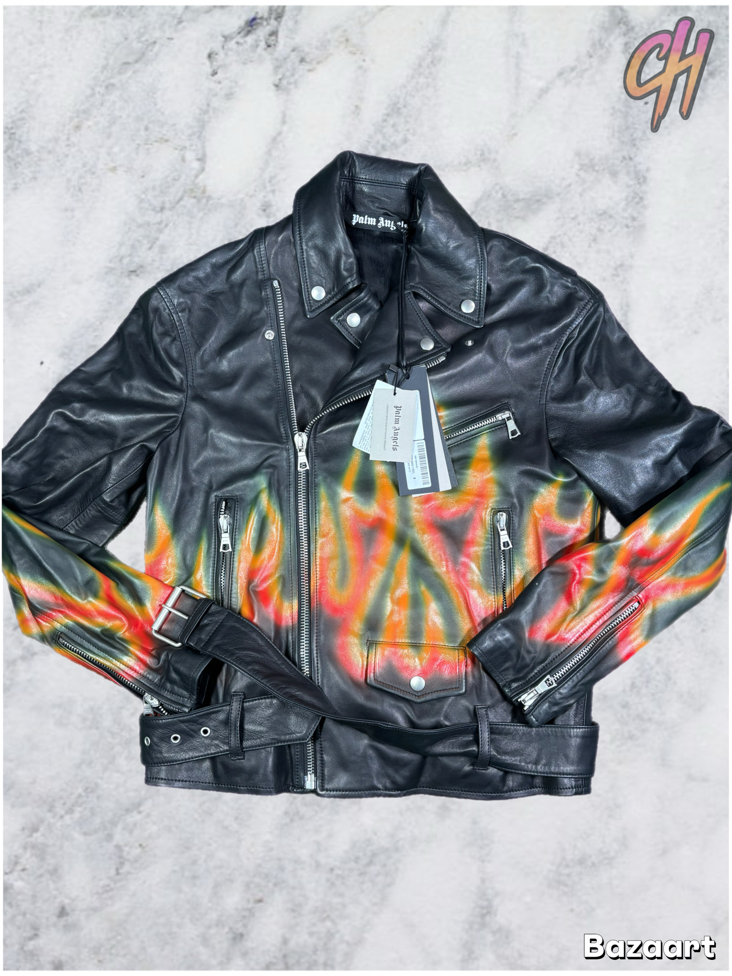 Palm Angels Burning Perfecto Logo Leather Jacket Size Small (MSRP:$3,590)