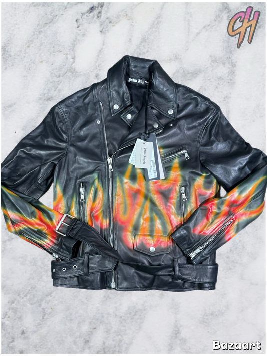 Palm Angels Burning Perfecto Logo Leather Jacket Size Small (MSRP:$3,590)