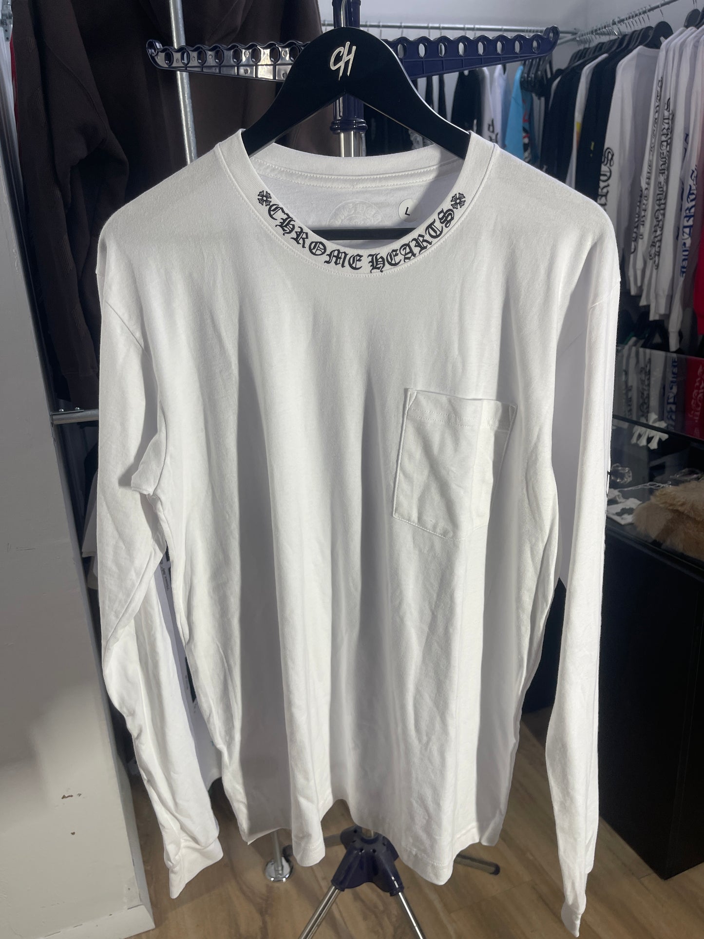Chrome Hearts Neck Logo Long Sleeve Pocket Crew T-shirt White
