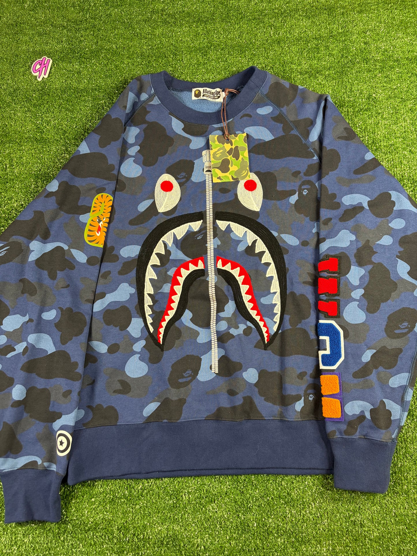 BAPE Color Camo Navy Embroidery Shark Crewneck Large