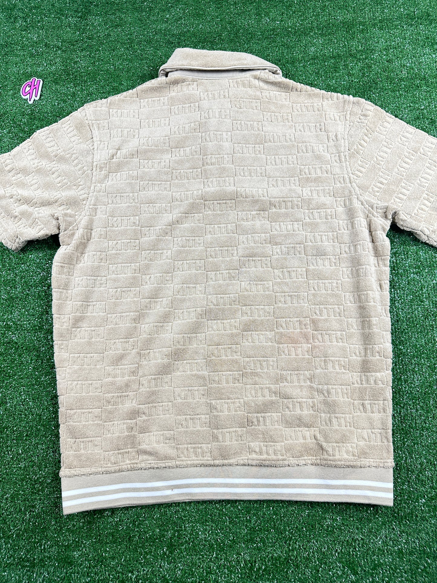 Kith Graham Velour Beige Men's Polo Shirt (STAINED) - Size Small