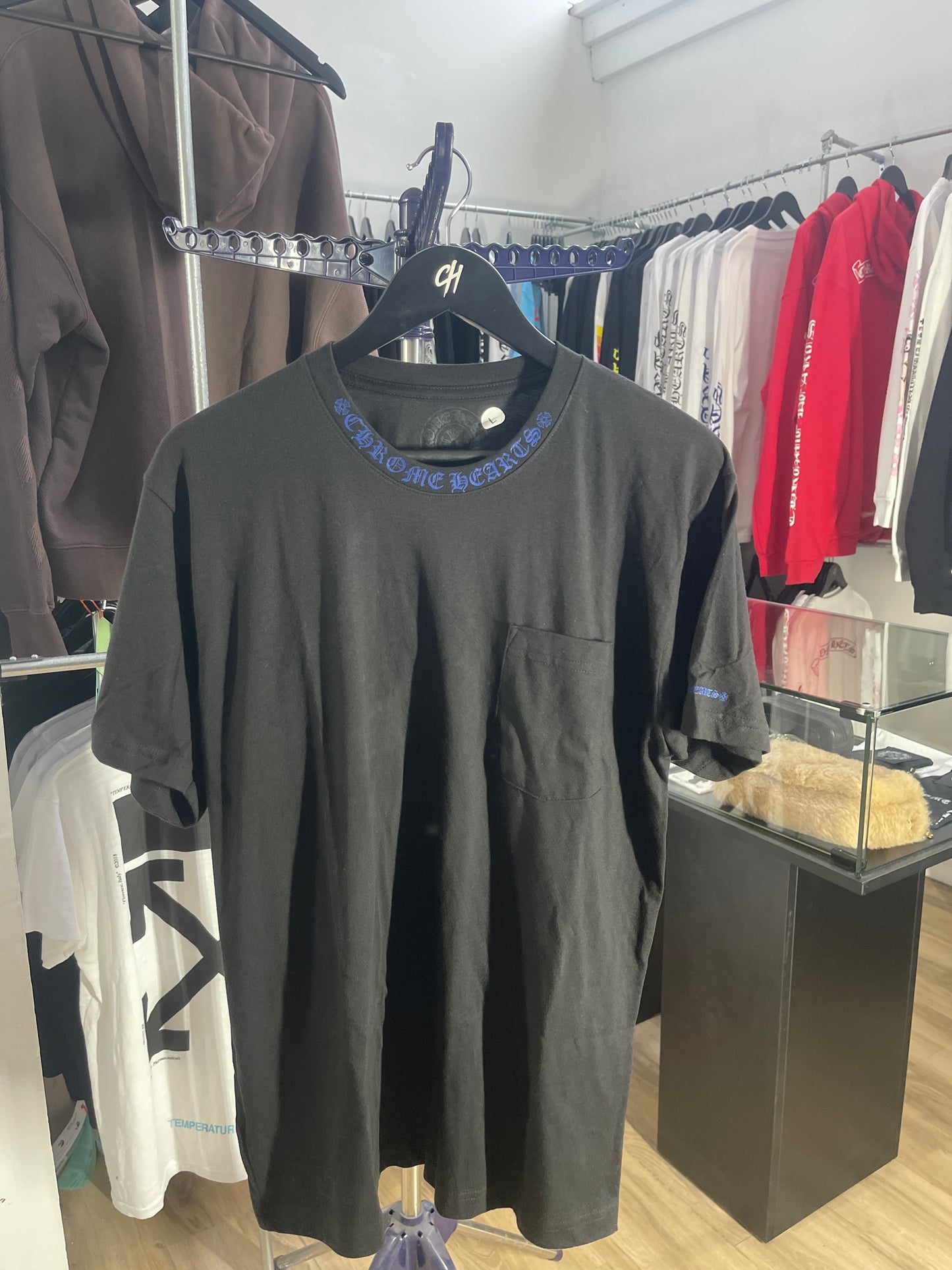 Chrome Hearts Blue Neck Logo Black S/S T-Shirt - Size Large