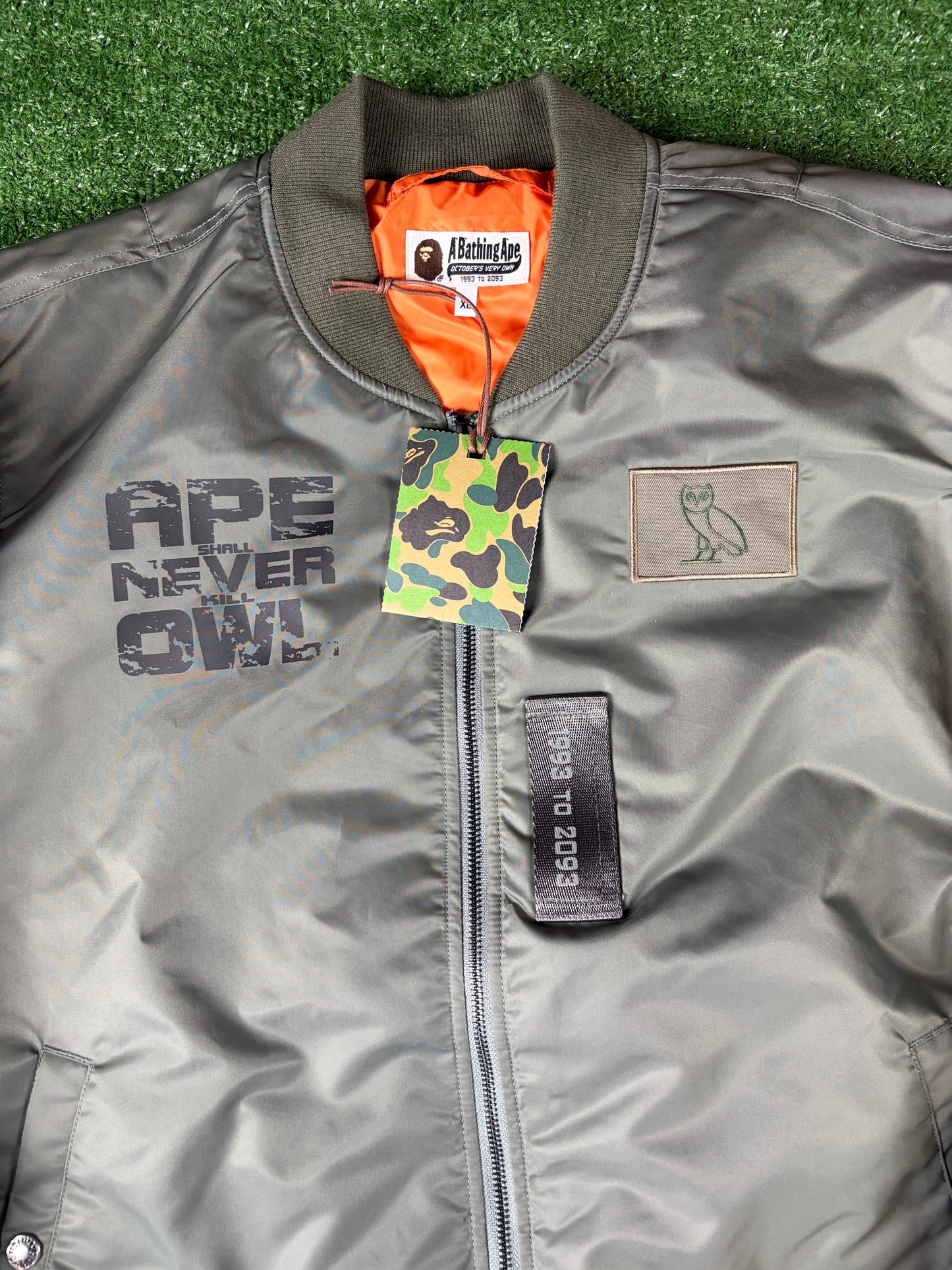 Bape X OVO Dark Green MA-1 Bomber Jacket Size XXL