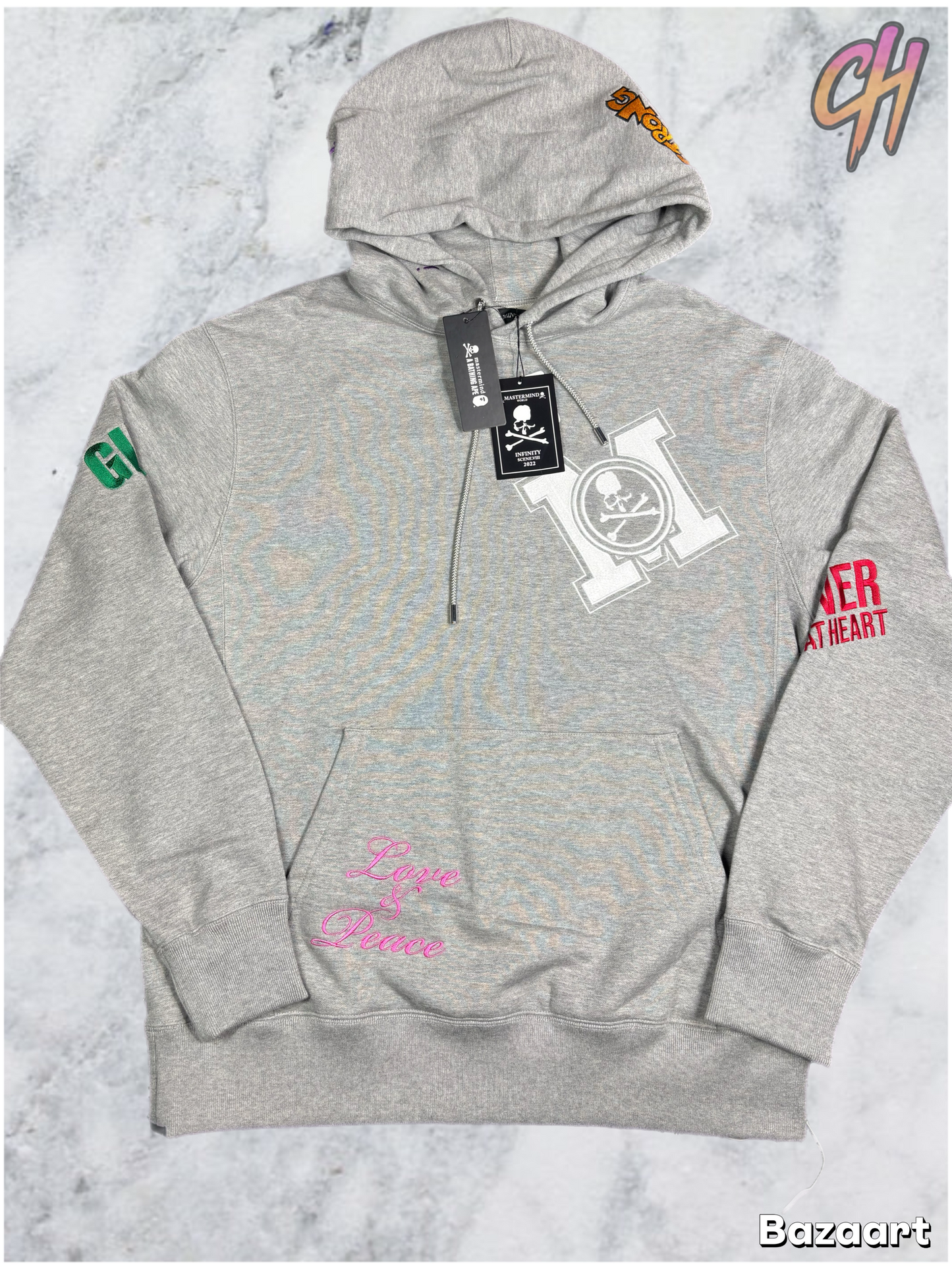Mastrmind World Vs. Bape All-Over Embroidered Grey Hoodie Size Medium