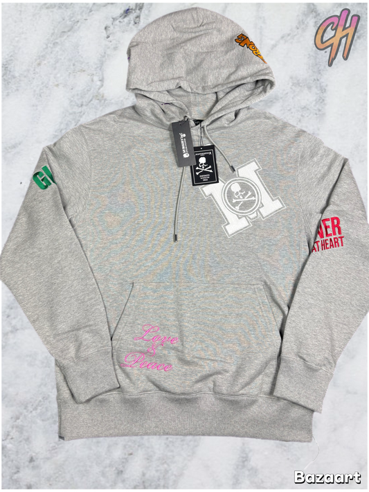 Mastrmind World Vs. Bape All-Over Embroidered Grey Hoodie Size Medium