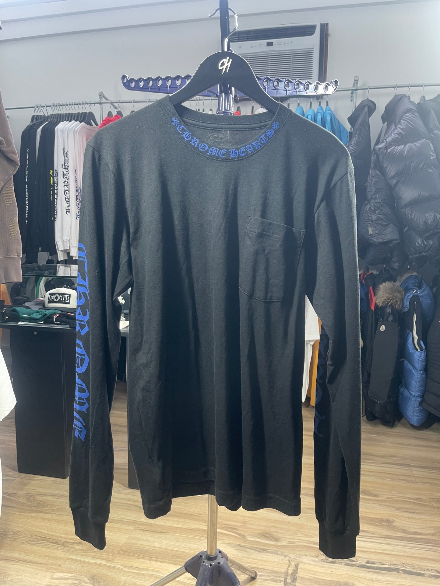 Chrome Hearts Blue Neck Logo Black L/S Shirt Size Medium
