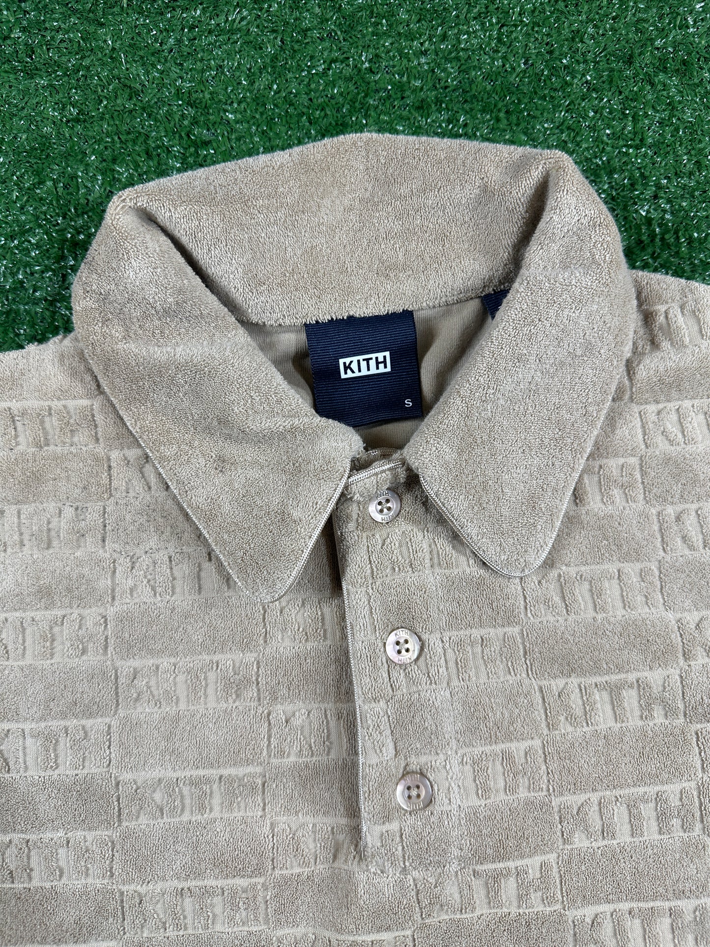 Kith Graham Velour Beige Men's Polo Shirt (STAINED) - Size Small