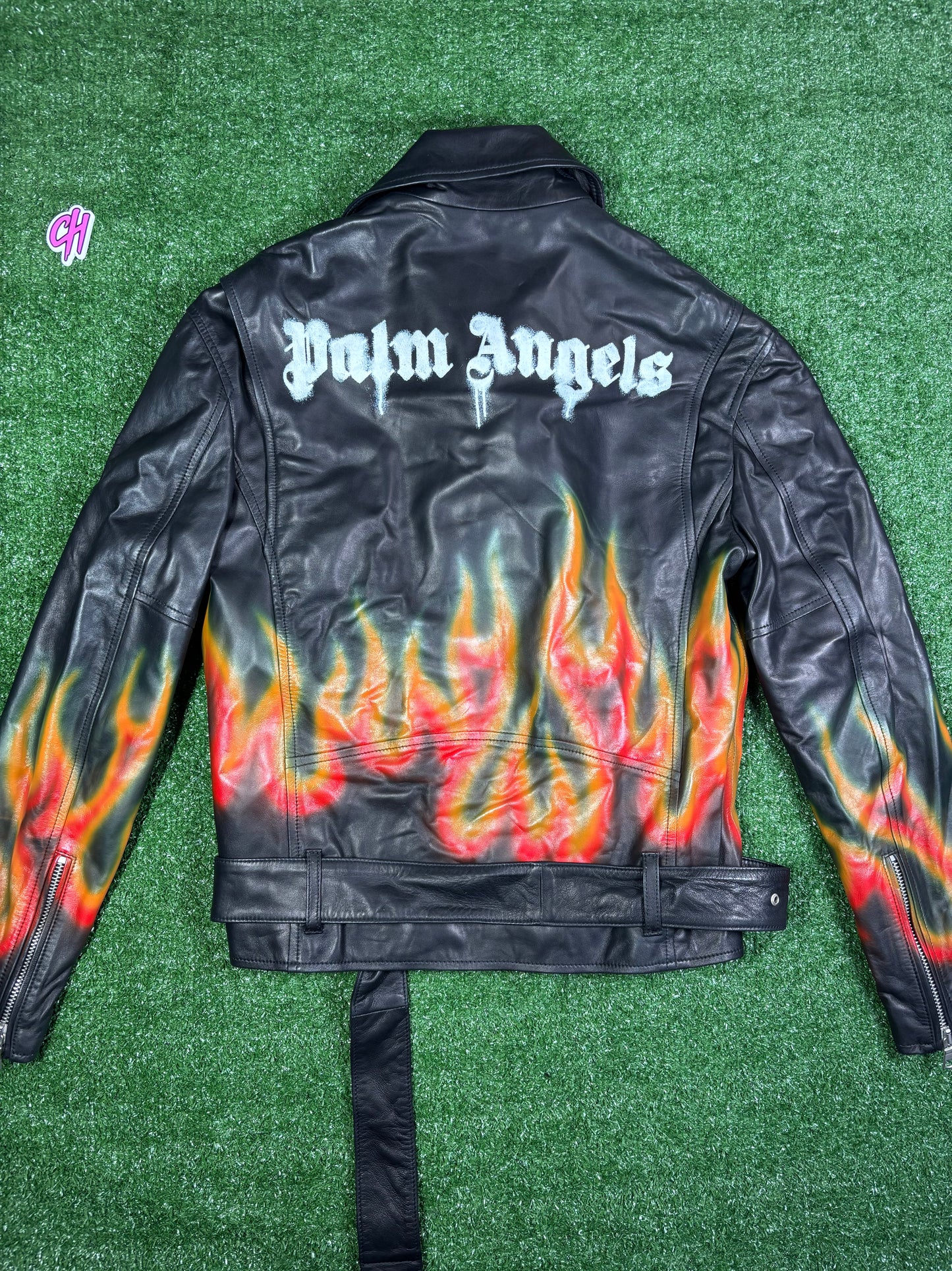 Palm Angels Burning Perfecto Logo Leather Jacket Size Small (MSRP:$3,590)