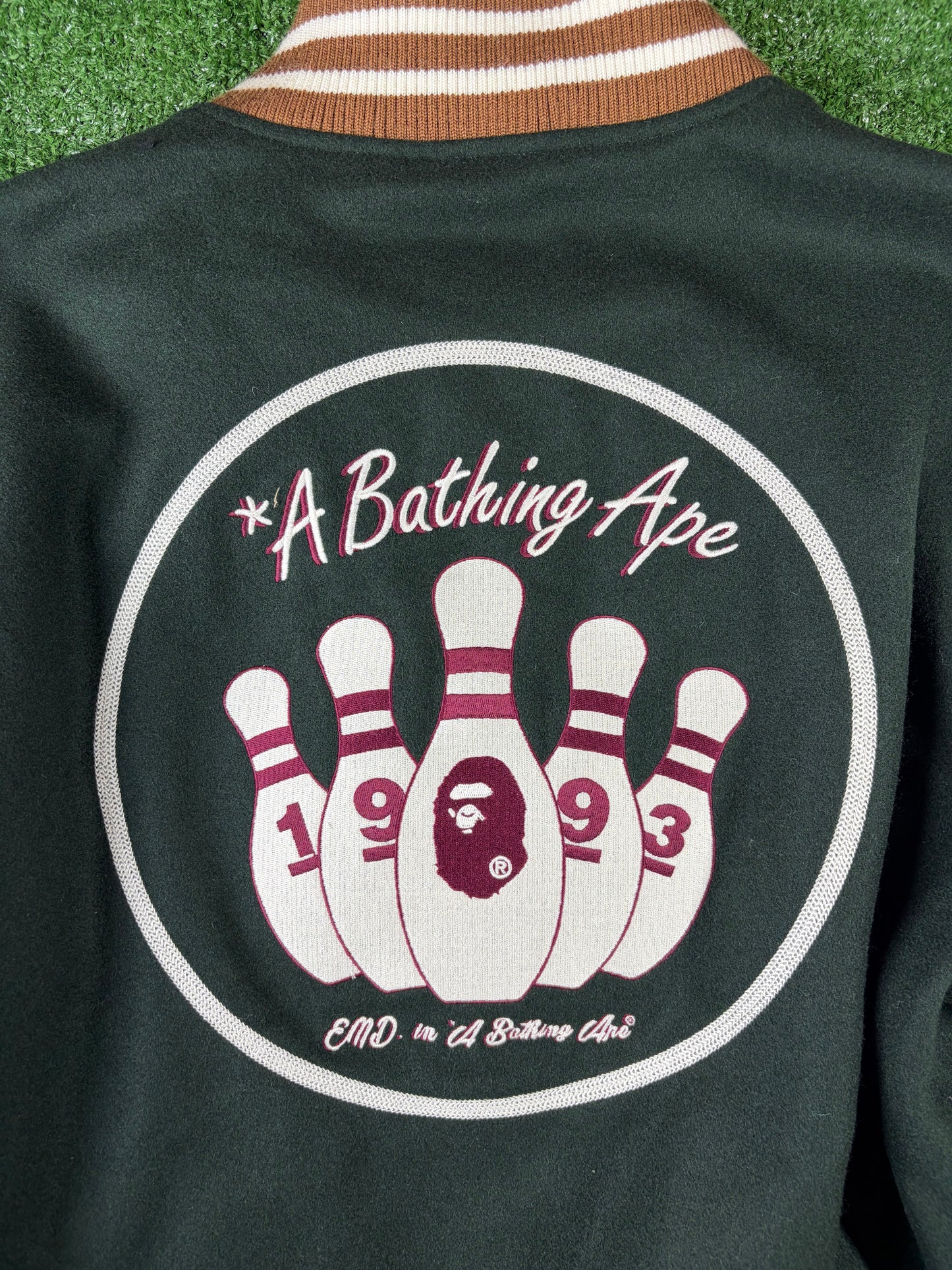 Bape X END. 'Bowling Pins' Green Varsity Jacket Size XL