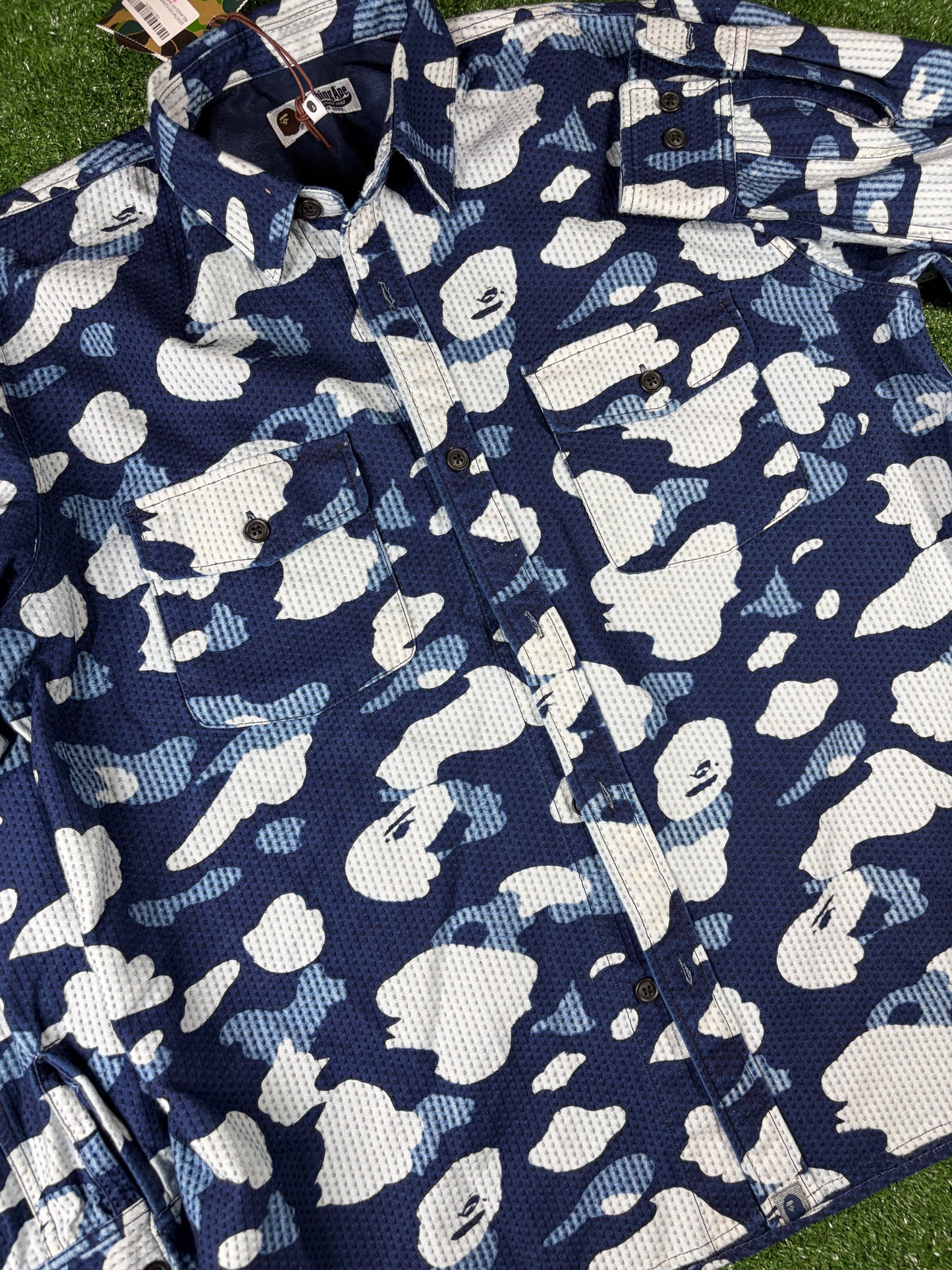 Bape Blue Waffle Thermal Camo Button-Up Shirt Size Large