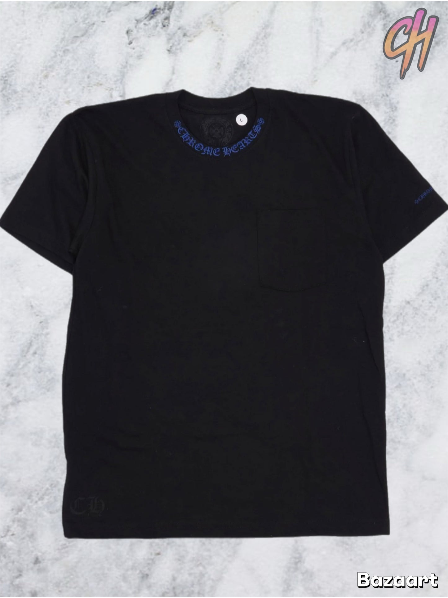 Chrome Hearts Blue Neck Logo Black S/S T-Shirt - Size Medium