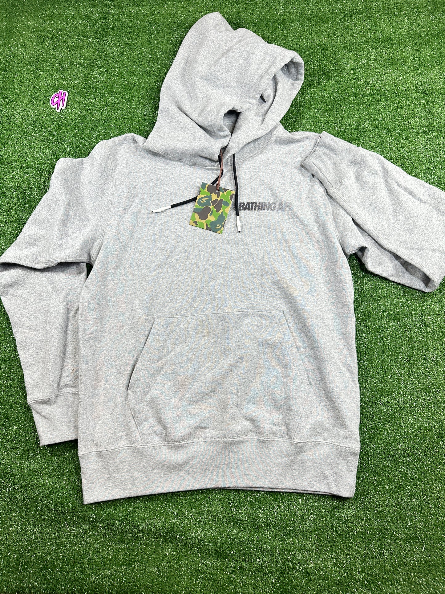 BAPE Grey 'Fading Logo' Pullover Hoodie (STAINED) - Size Large