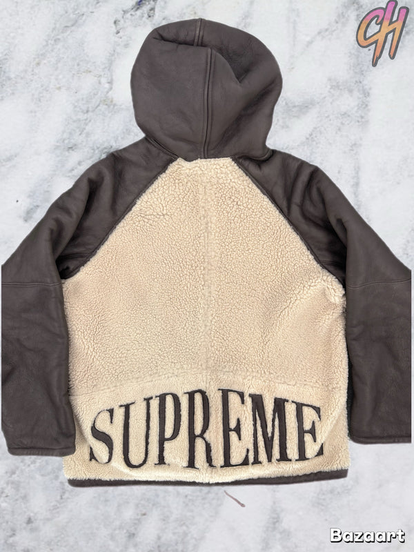 Supreme FW17 Reversed Shearling Hooded Beige/Brown Jacket Size Medium