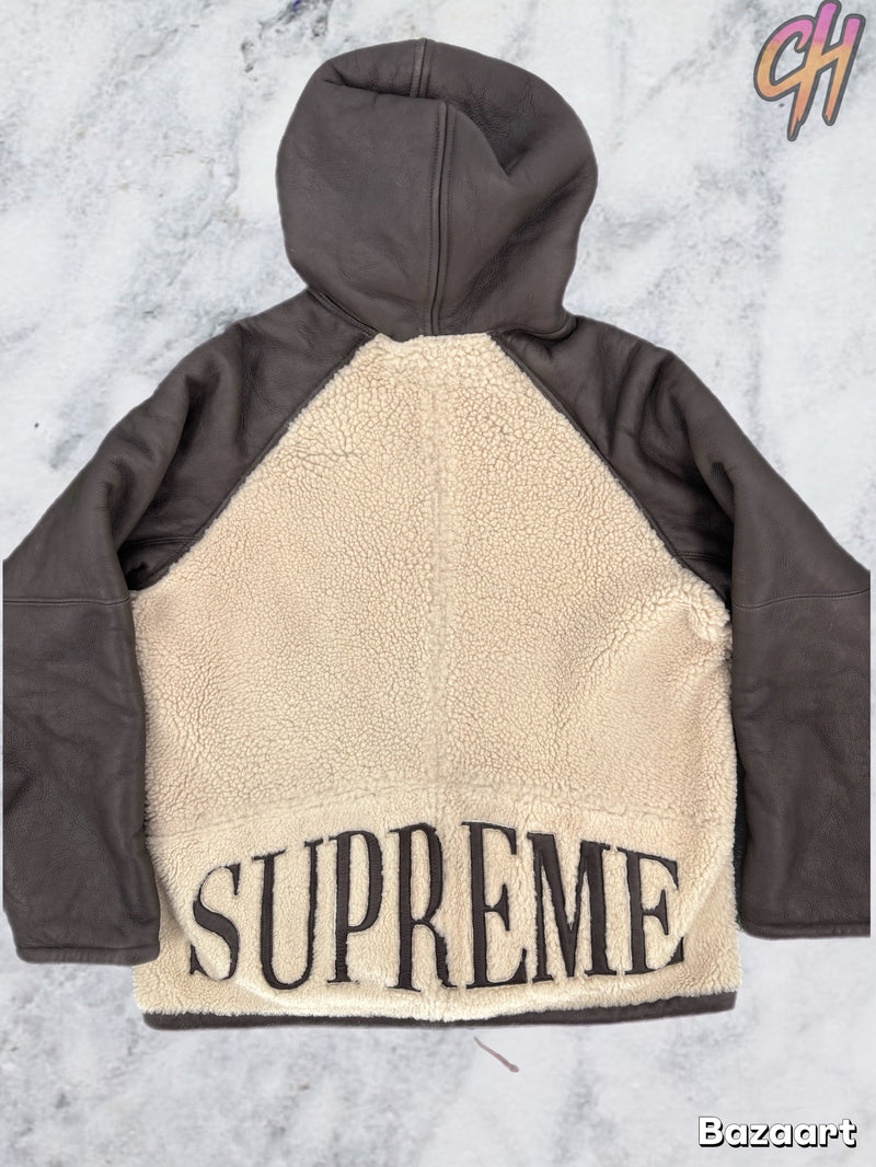 Supreme FW17 Reversed Shearling Hooded Beige/Brown Jacket Size Medium
