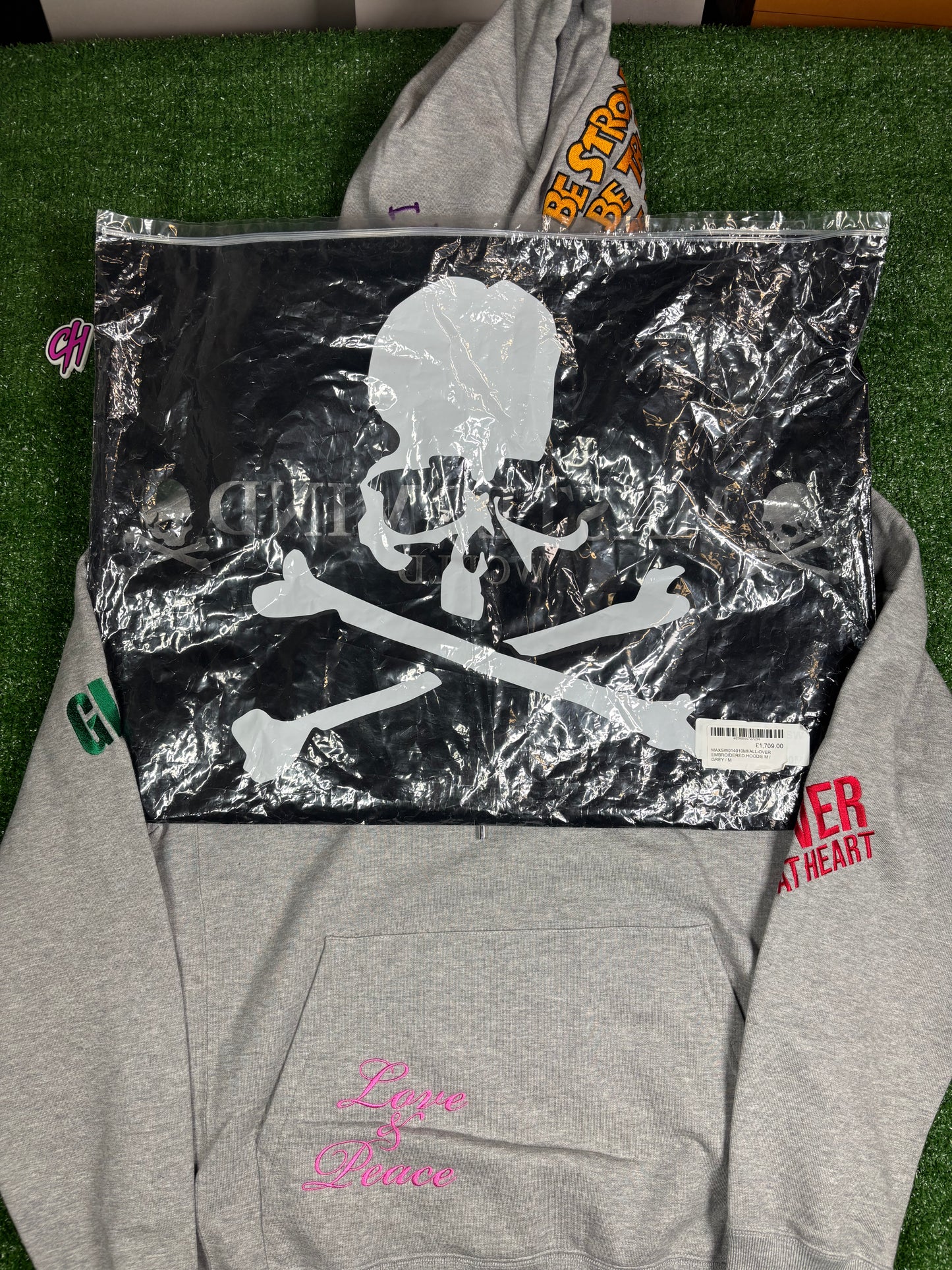 Mastrmind World Vs. Bape All-Over Embroidered Grey Hoodie Size Medium