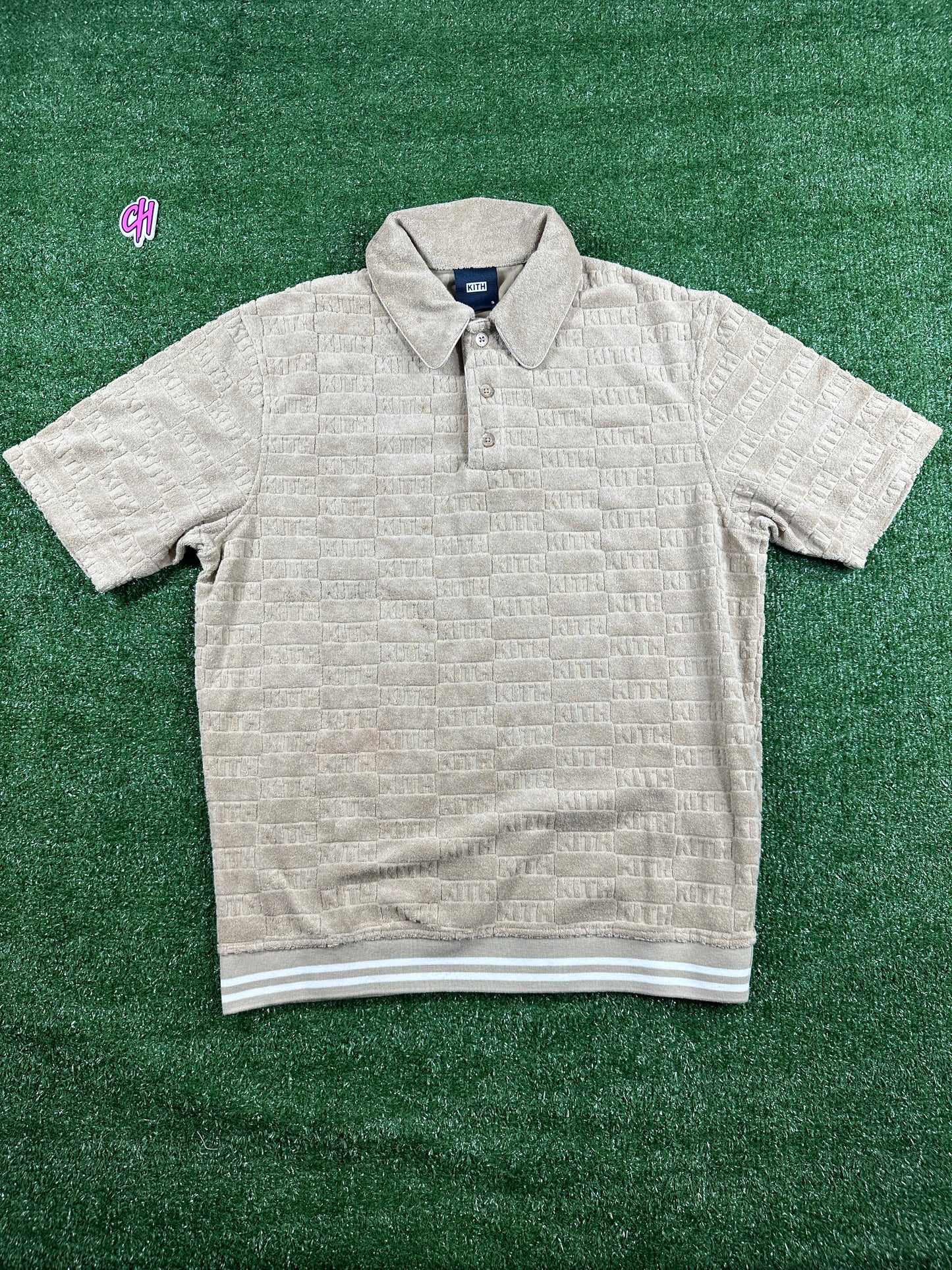Kith Graham Velour Beige Men's Polo Shirt (STAINED) - Size Small