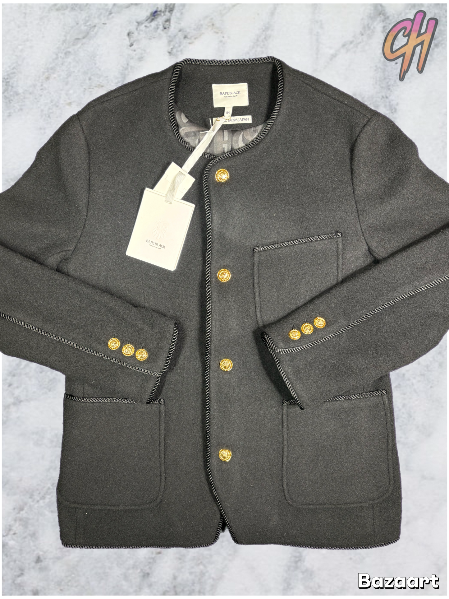 Bape Black Collarless Wool Black Chinese Jacket Size Large (MSRP: $1,000)