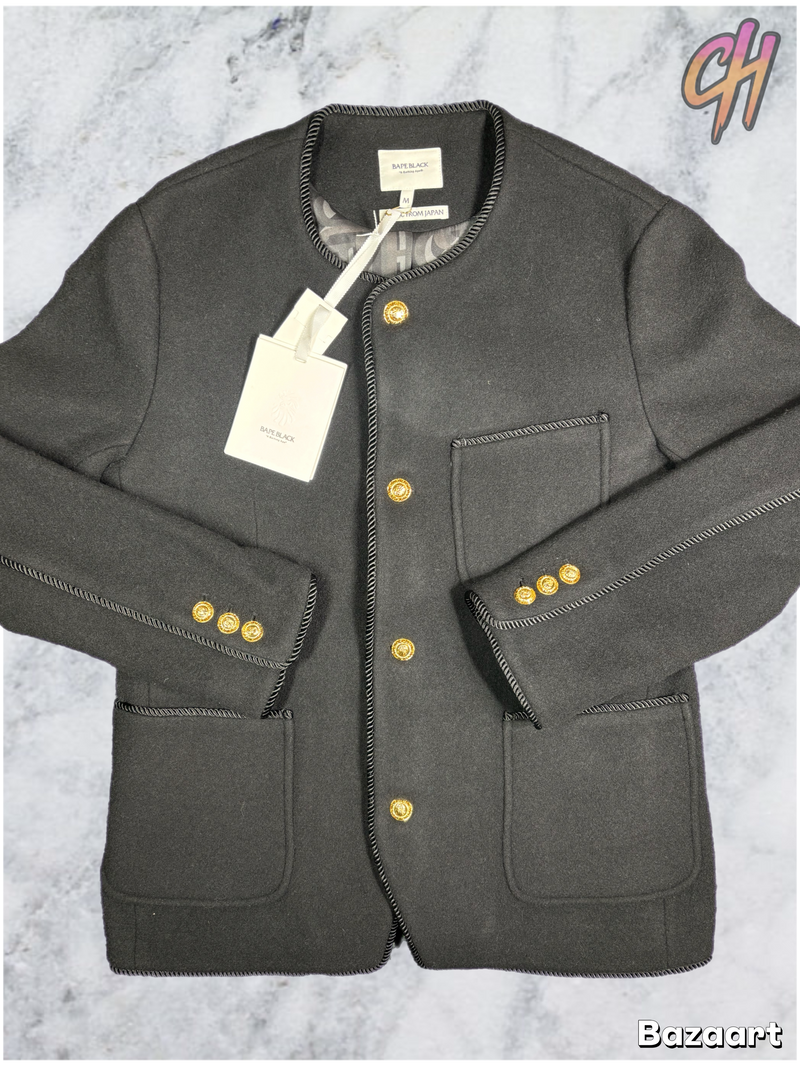 Bape Black Collarless Wool Black Chinese Jacket Size XL (MSRP: $1,000)