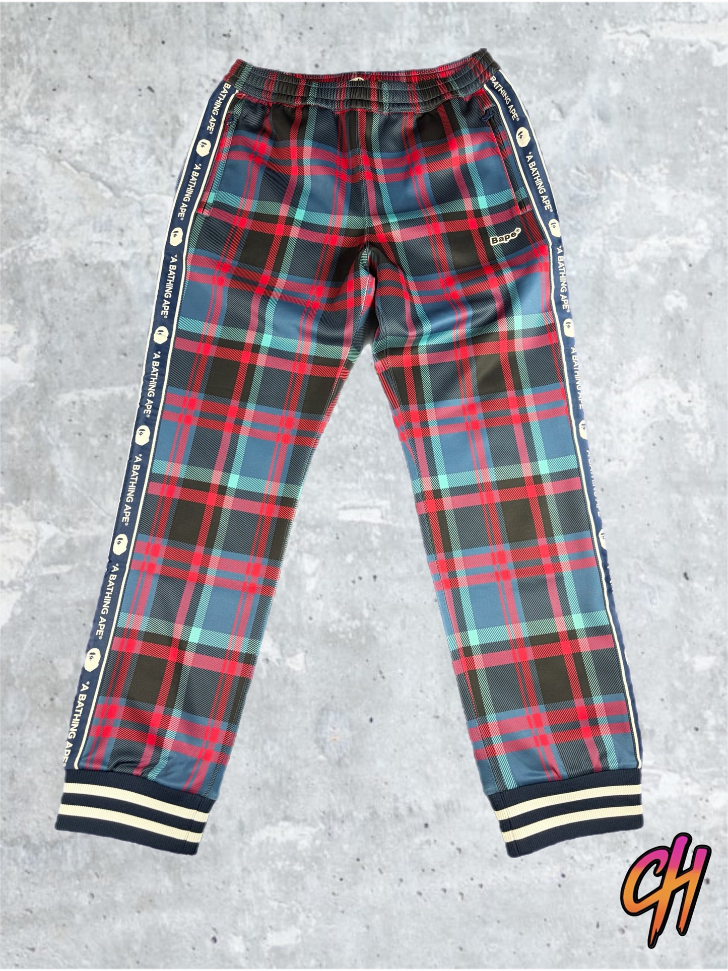 Bape Plaid Check Navy Jersey Track Pants Size XL