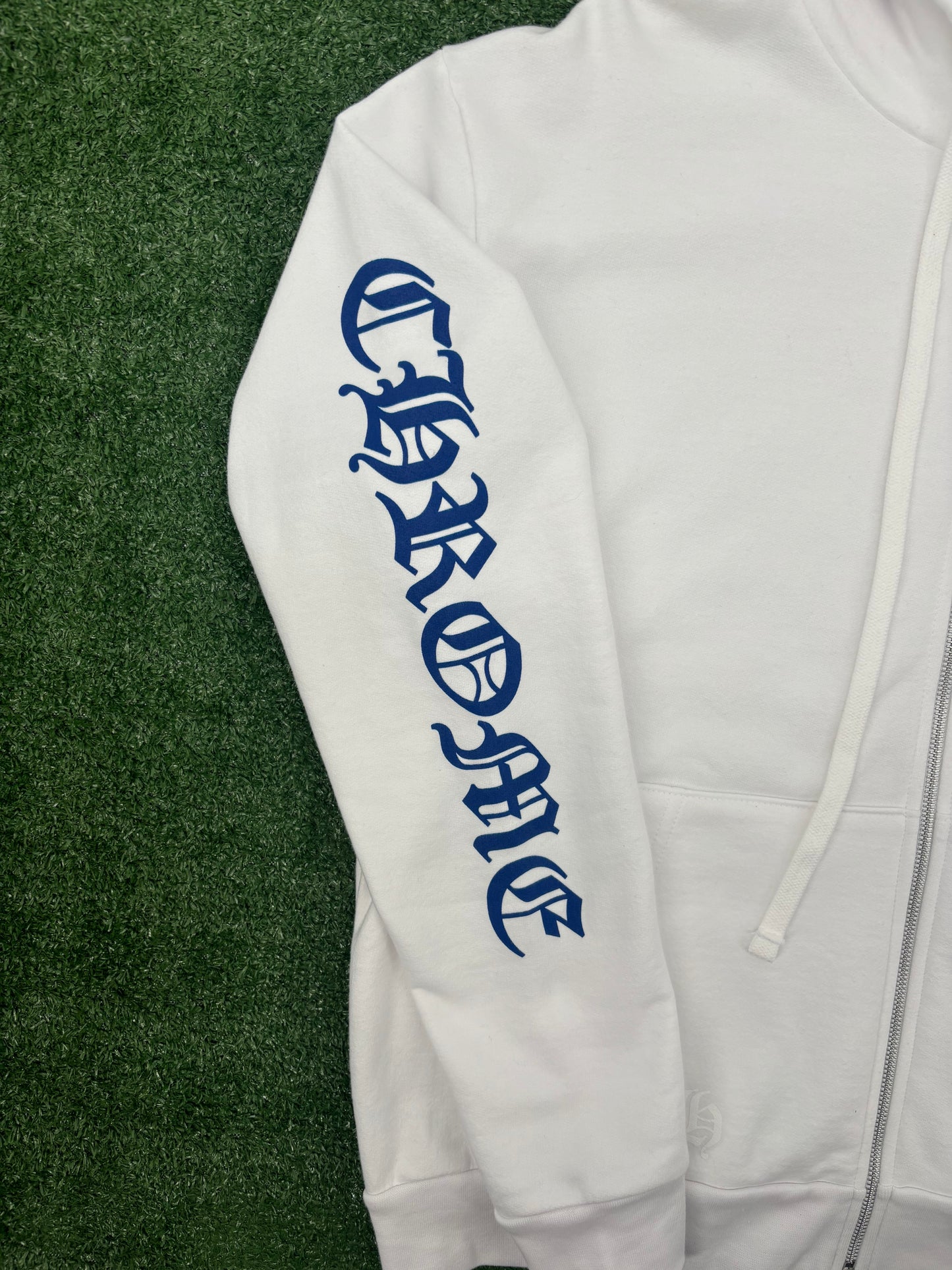 Chrome Hearts Blue Vertical Logo White Zip-Up Hoodie Size Small