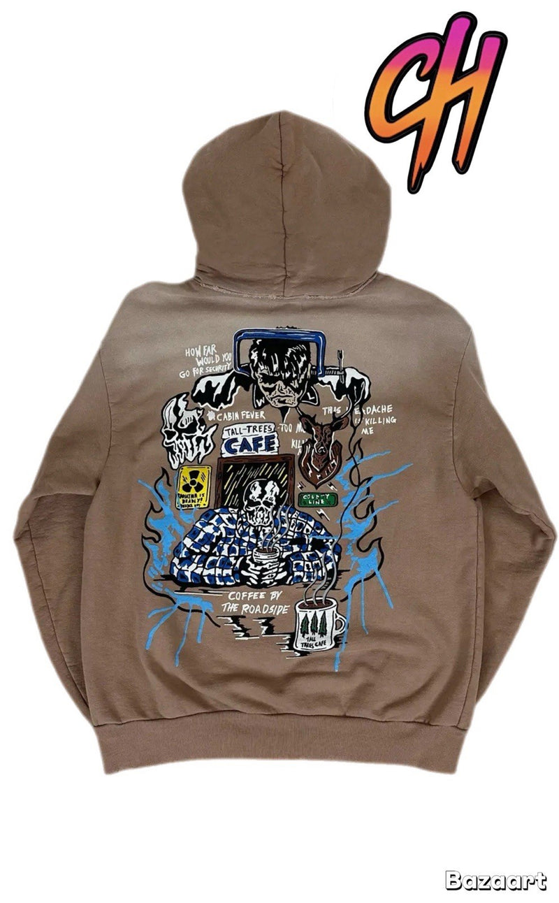 NEW Warren Lotas ‘Roadside Coffee’ Distressed Brown Pullover Hoodie
