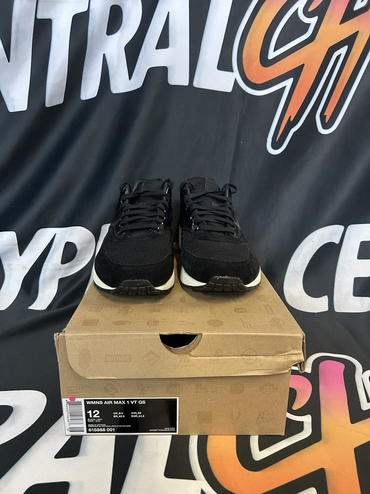 Size 10.5M / 12W - Nike Air Max 1 VT QS Black Patent