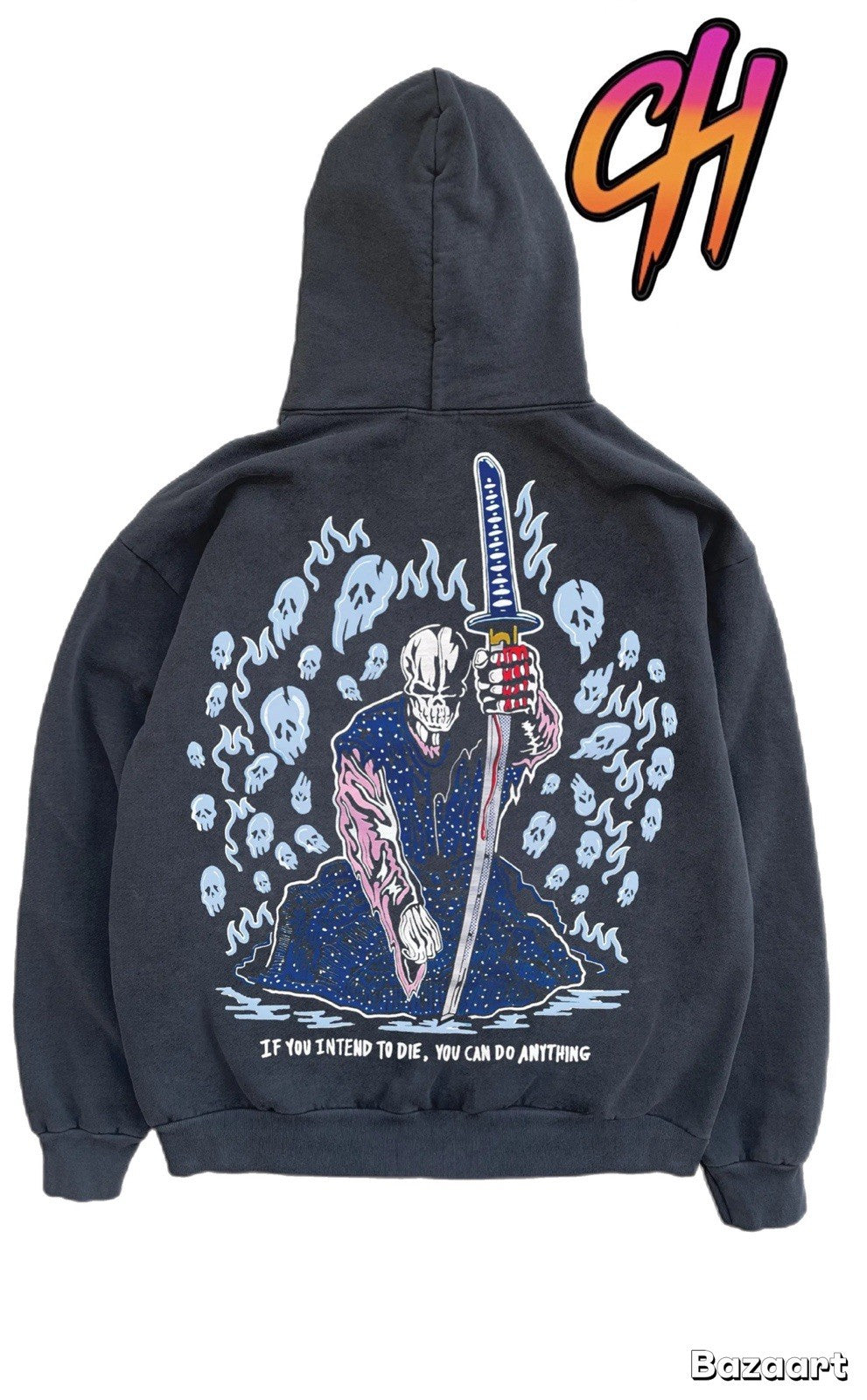 Warren Lotas ‘Blue Skulls’ Stone Washed Pullover Hoodie