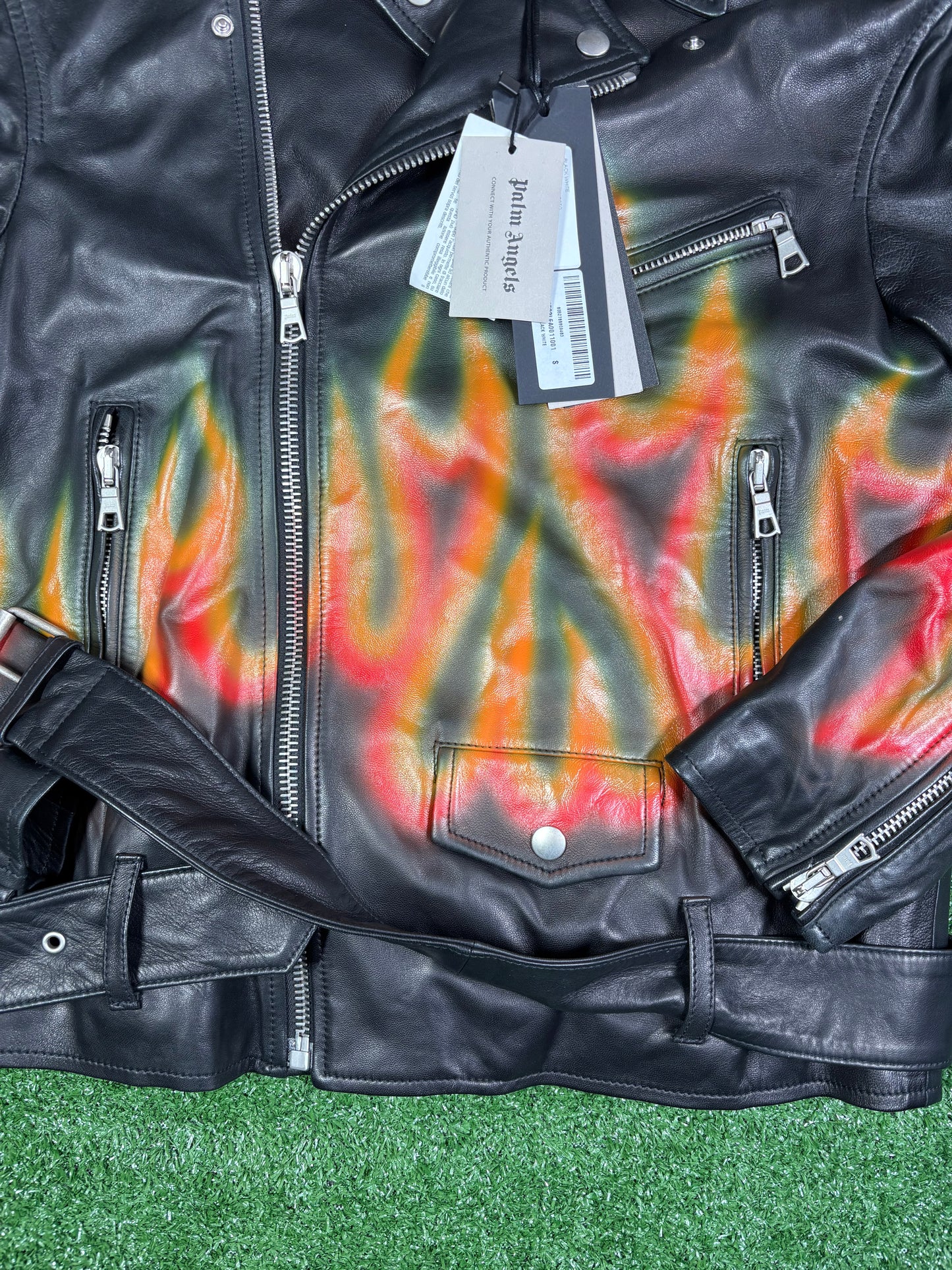 Palm Angels Burning Perfecto Logo Leather Jacket Size Small (MSRP:$3,590)