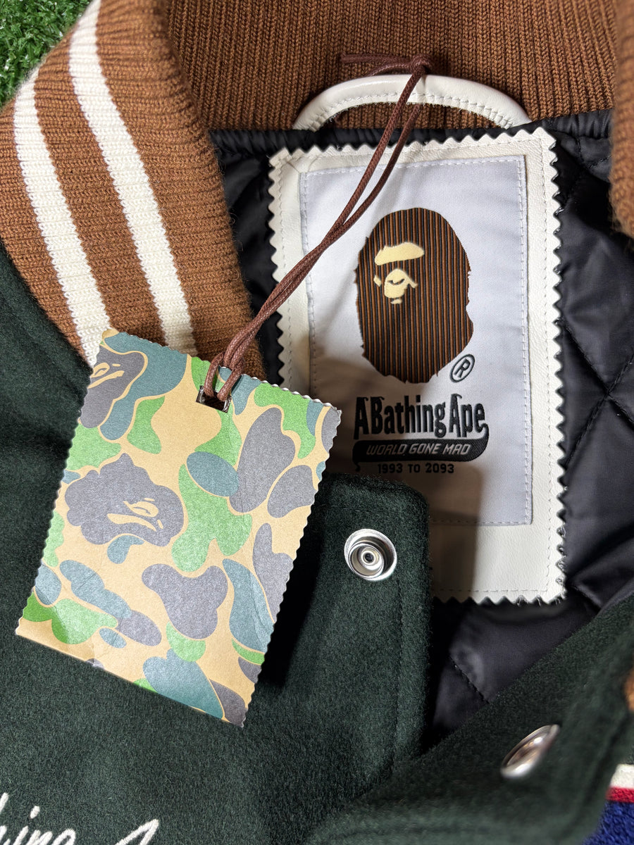 Bape X END. 'Bowling Pins' Green Varsity Jacket Size XL