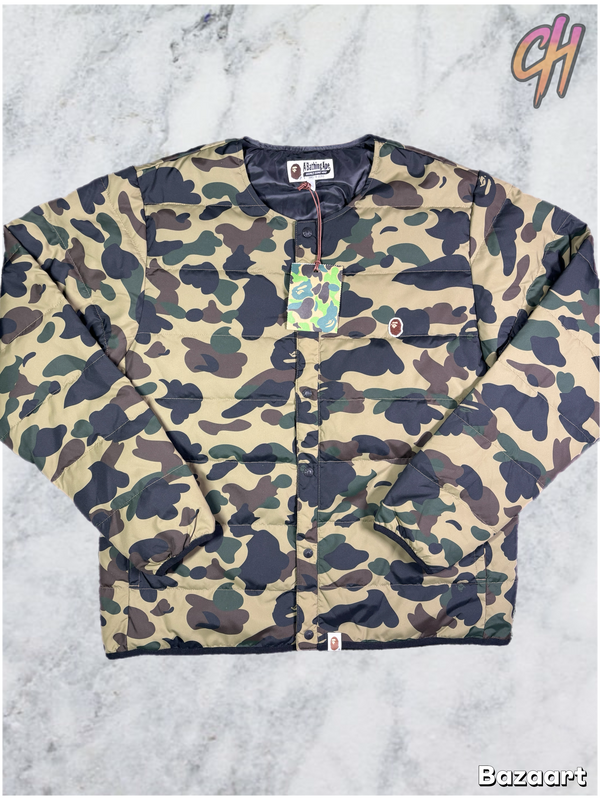 Bape 1st Camo Collarless Green Down Puffer Jacket Size XL