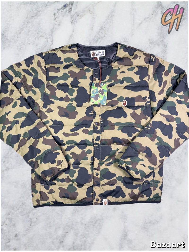 Bape 1st Camo Collarless Green Down Puffer Jacket Size XL