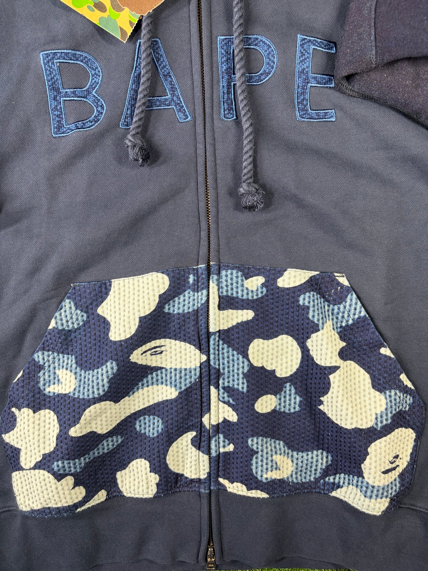 Bape X Sashiko Navy Camo Relaxed Full-Zip Hoodie Size Large