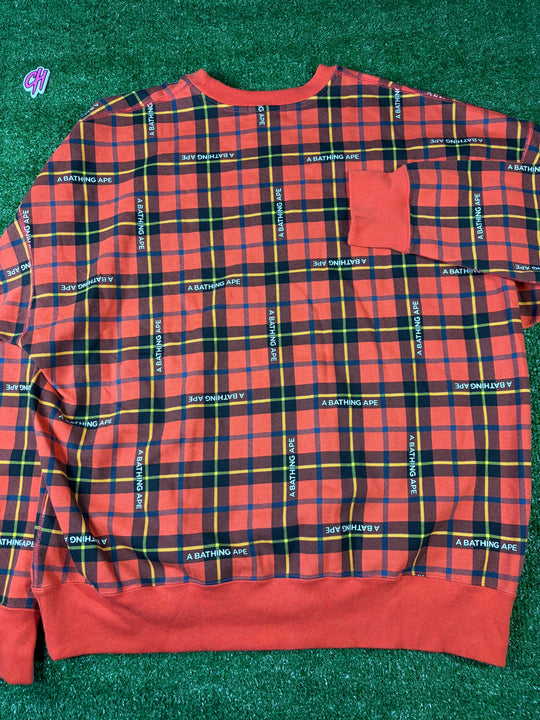 BAPE Logo Check Red Loose Fit Crewneck Sweater Size MD