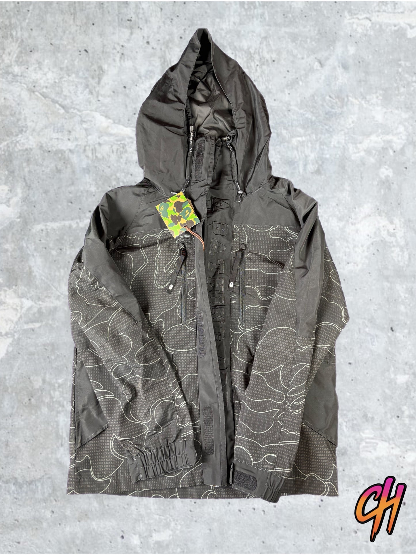 BAPE Text Code Camo Hooded Black Jacket Size Medium