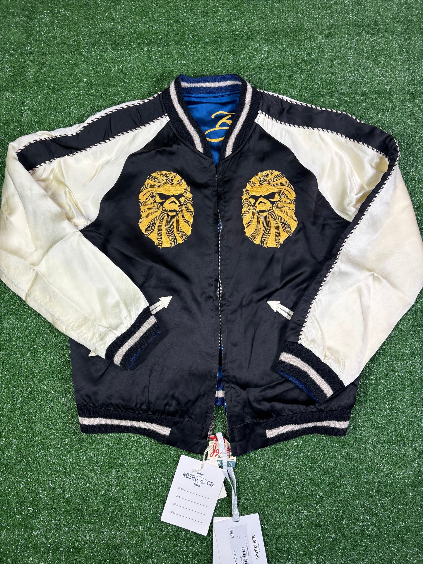 Bape Black Reversible Satin Mural Bomber Size Medium (MSRP: $1,525)