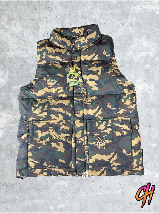 Bape X OVO Woodland Camo Green Down Vest Size XL