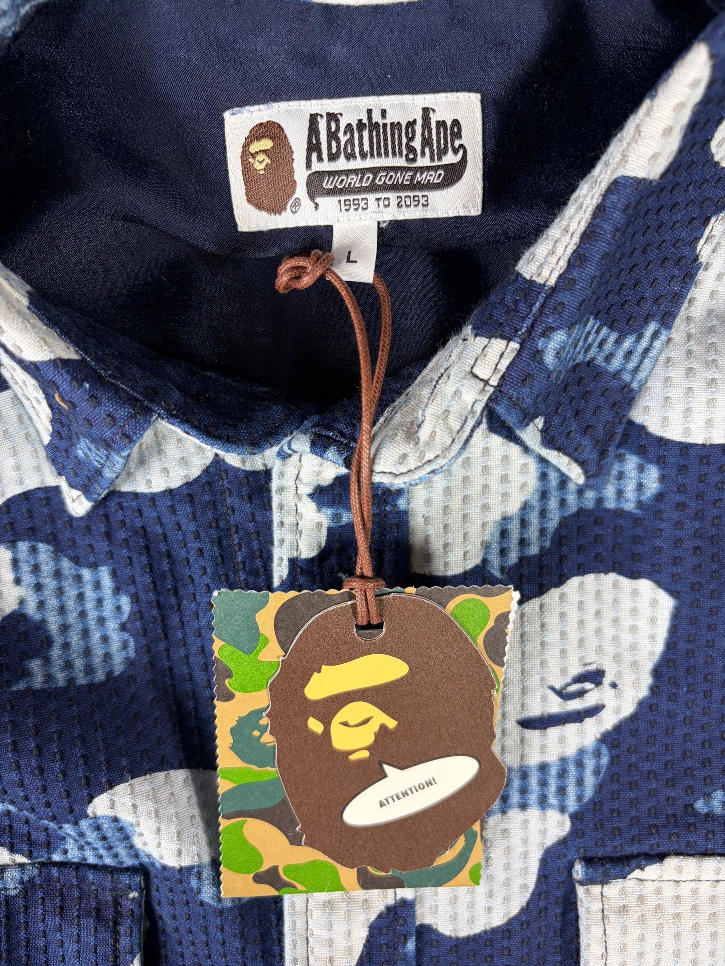 Bape Blue Waffle Thermal Camo Button-Up Shirt Size Large