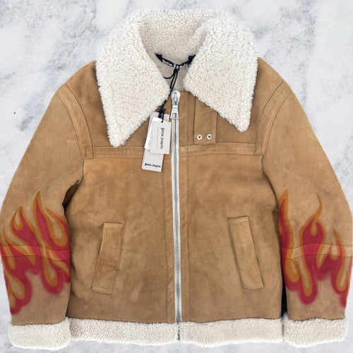 Palm Angels Burning Flames Sherling Trucker Jacket Size Small (MSRP: $4,305)