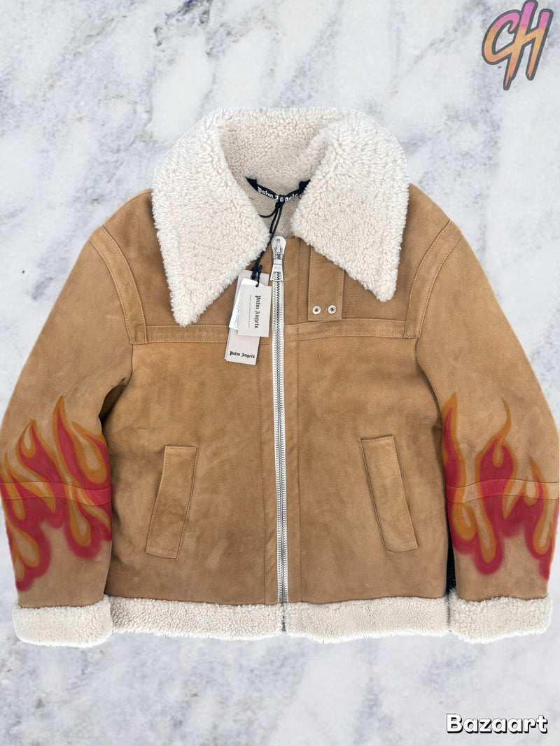 Palm Angels Burning Flames Sherling Trucker Jacket Size Medium (MSRP: $4,305)