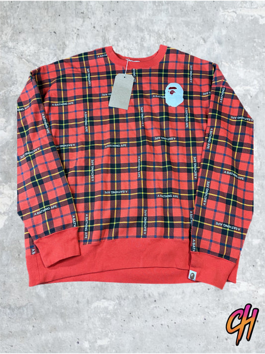 BAPE Logo Check Red Loose Fit Crewneck Sweater Size MD